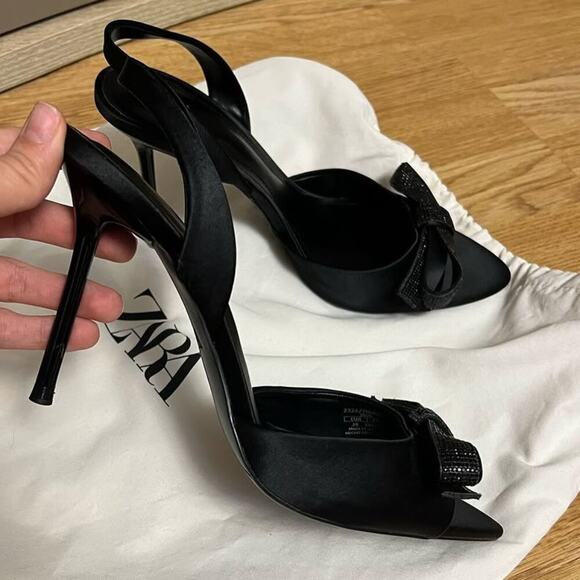 ZARA Embellished Slingback Bow Heels NWT — Size 8 Black Satin - Picture 9 of 16